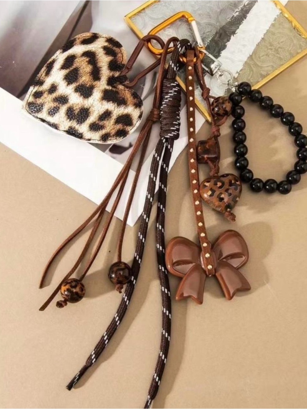 Brown Leopard Heart & Bow Bag Charm for Women Accessories